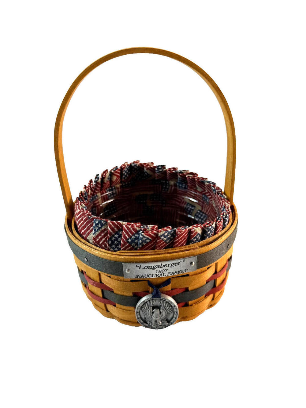 1997 Longaberger Inaugural Basket w/Flag Liner & Protector Tie-On 5.5RD x 3.25H